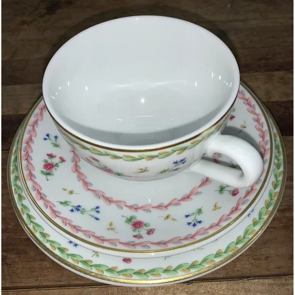 Bernardaud Limoges Green Pink Cup and Saucer Bread Trio Artois - Picture 2 of 6